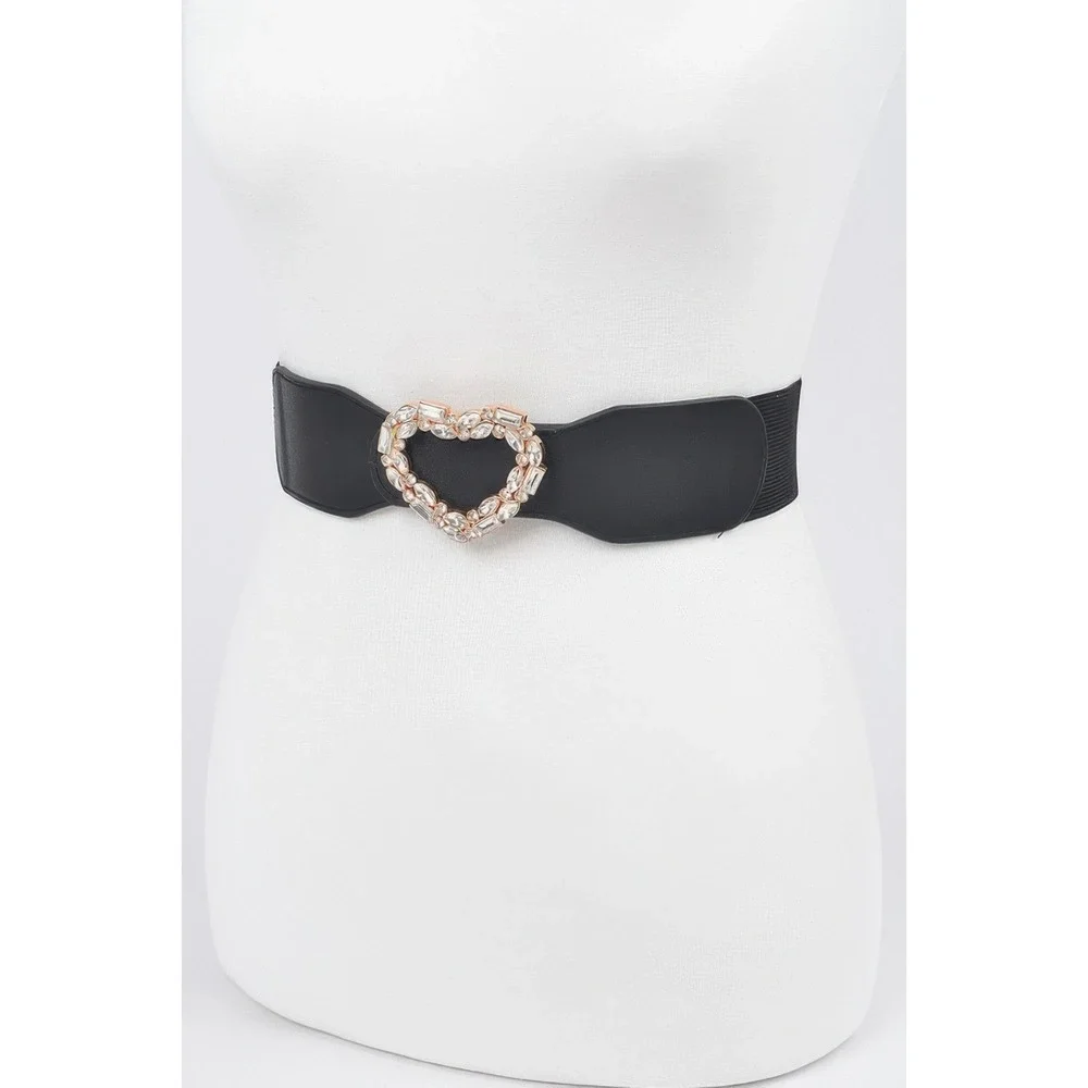 Heart Buckle Belt Womens Black NEW Rhinestone Crystal Elastic